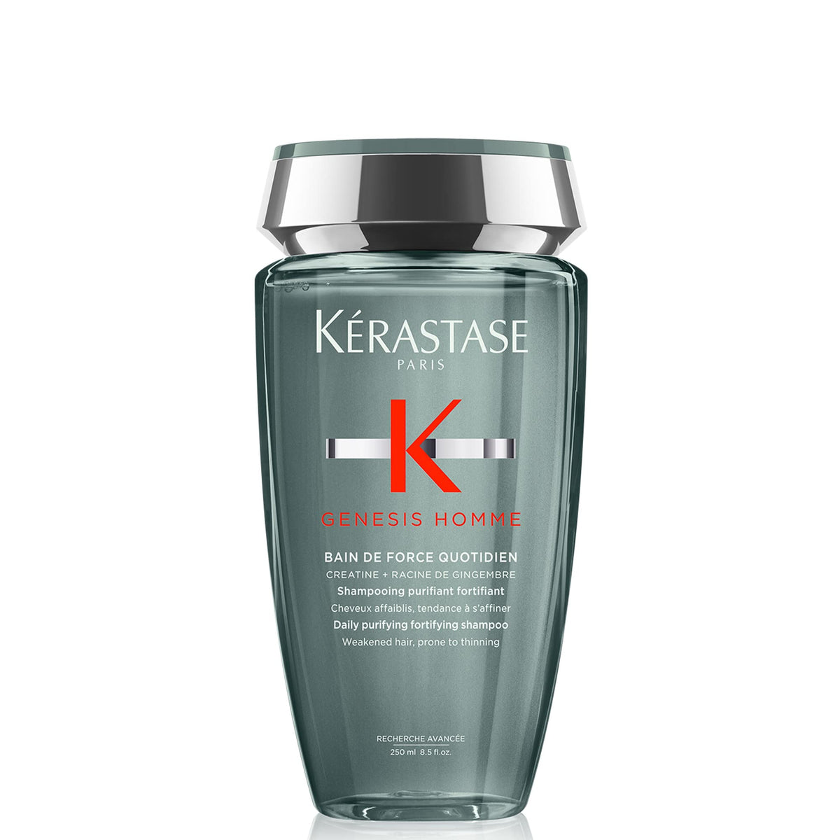 Kerastase Genesis Homme Bain De Force shampoo bottle closeup with cooling cleansing sensation