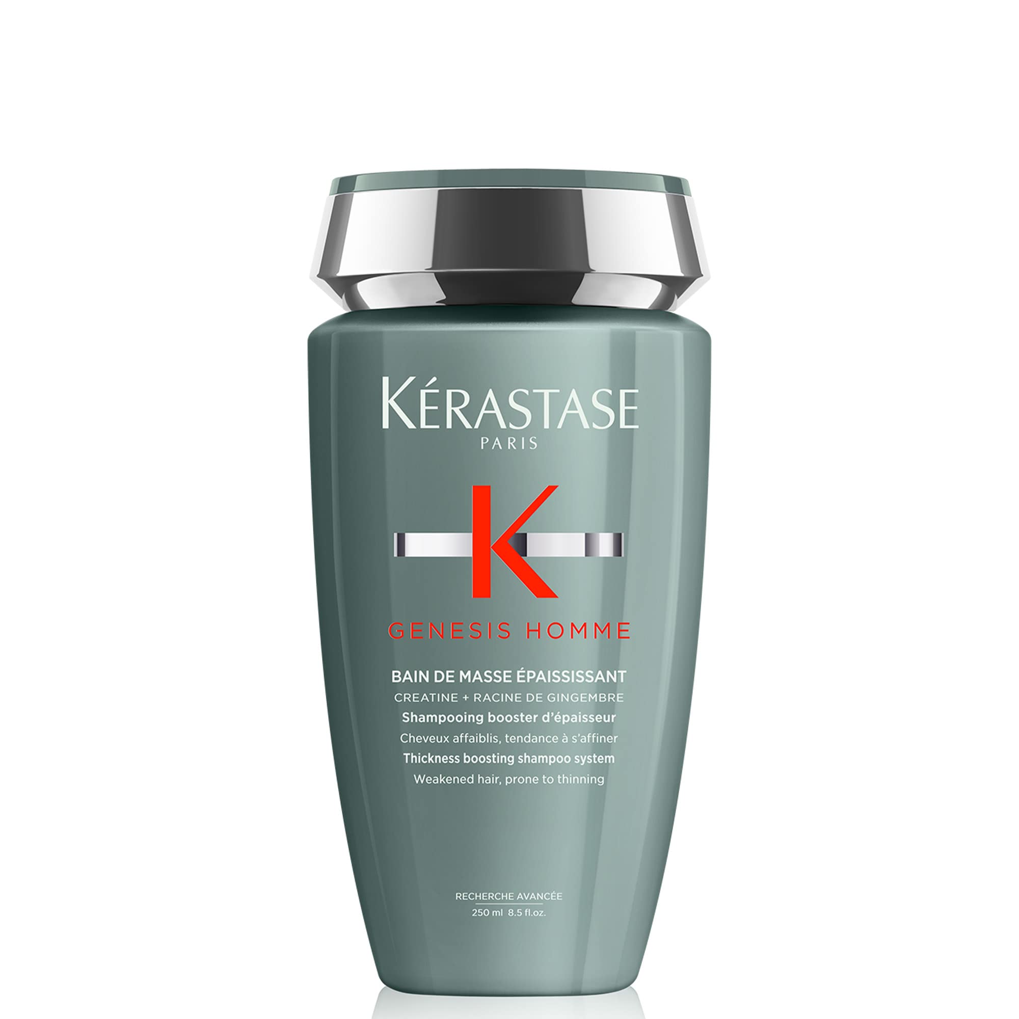 Kérastase Genesis Homme Bain De Masse bottle front, demonstrates cleansing for thinning hair