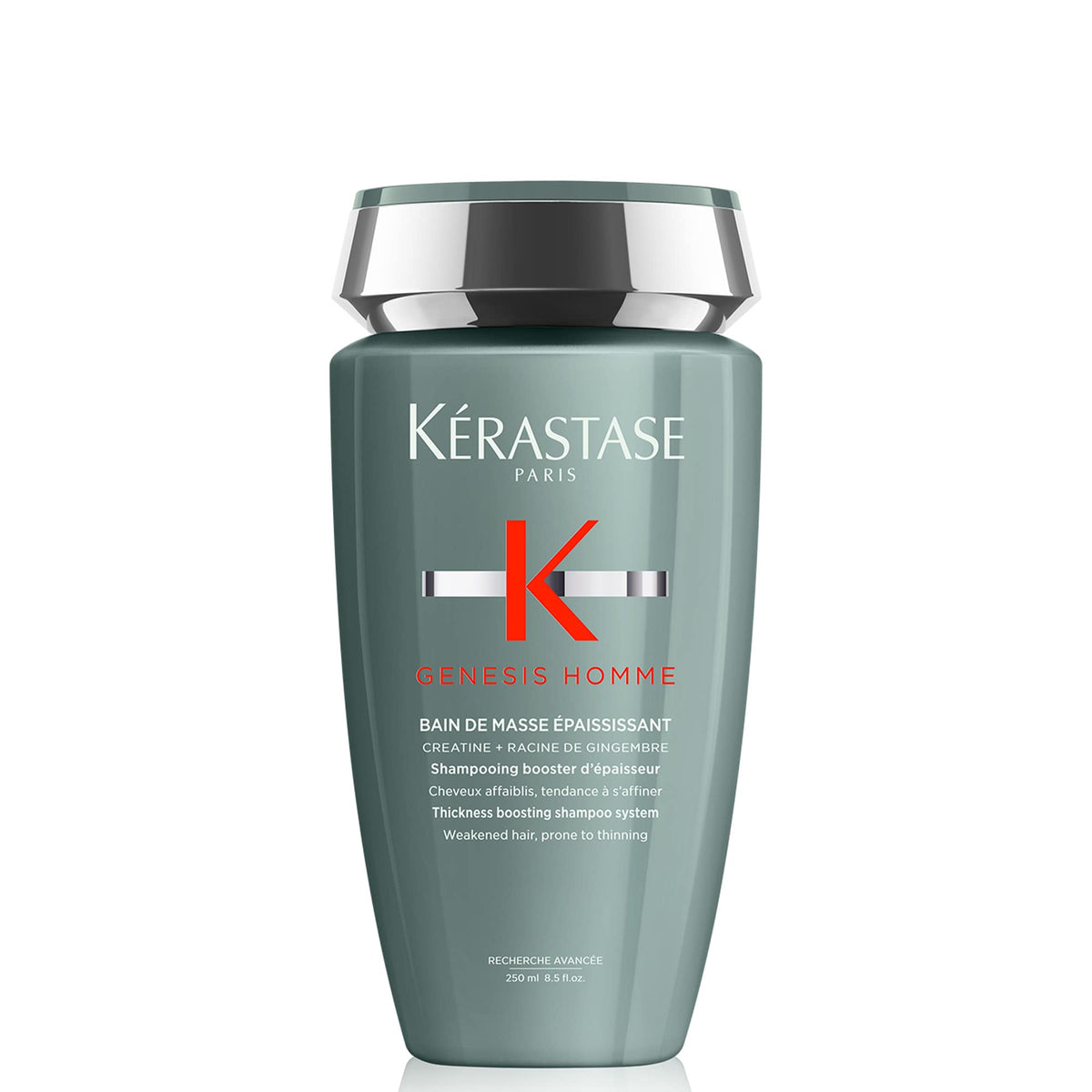 Kérastase Genesis Homme Bain De Masse bottle front, demonstrates cleansing for thinning hair