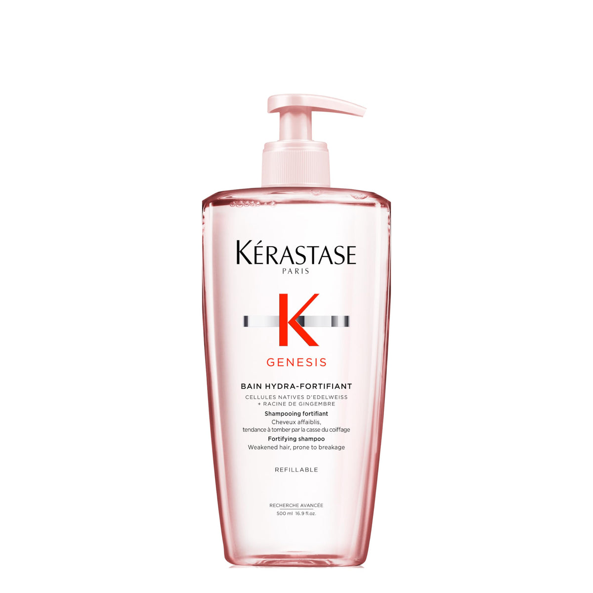 Kérastase Genesis Hydra-Fortifiant shampoo bottle pour showcases gentle, fortifying cleanse