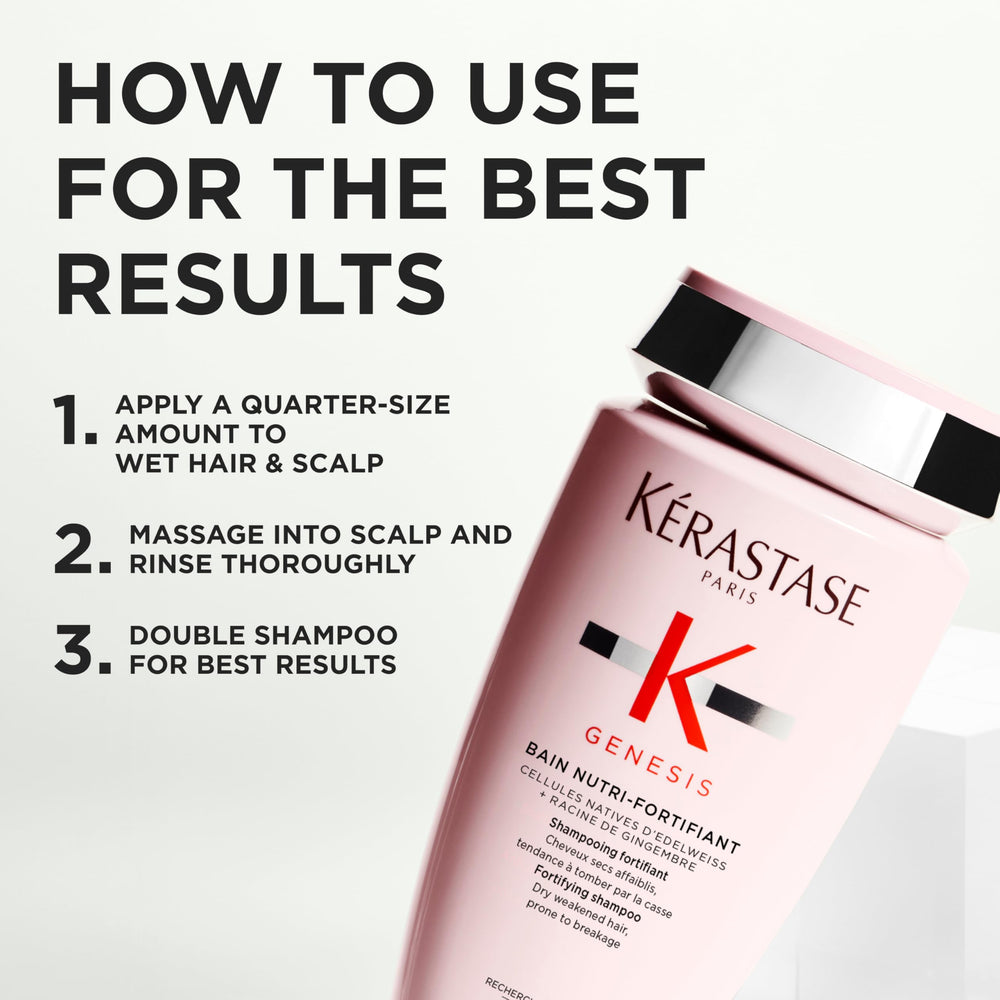 Wet hair with Genesis Shampoo applied indicates cleansing and nourishment preparation.
