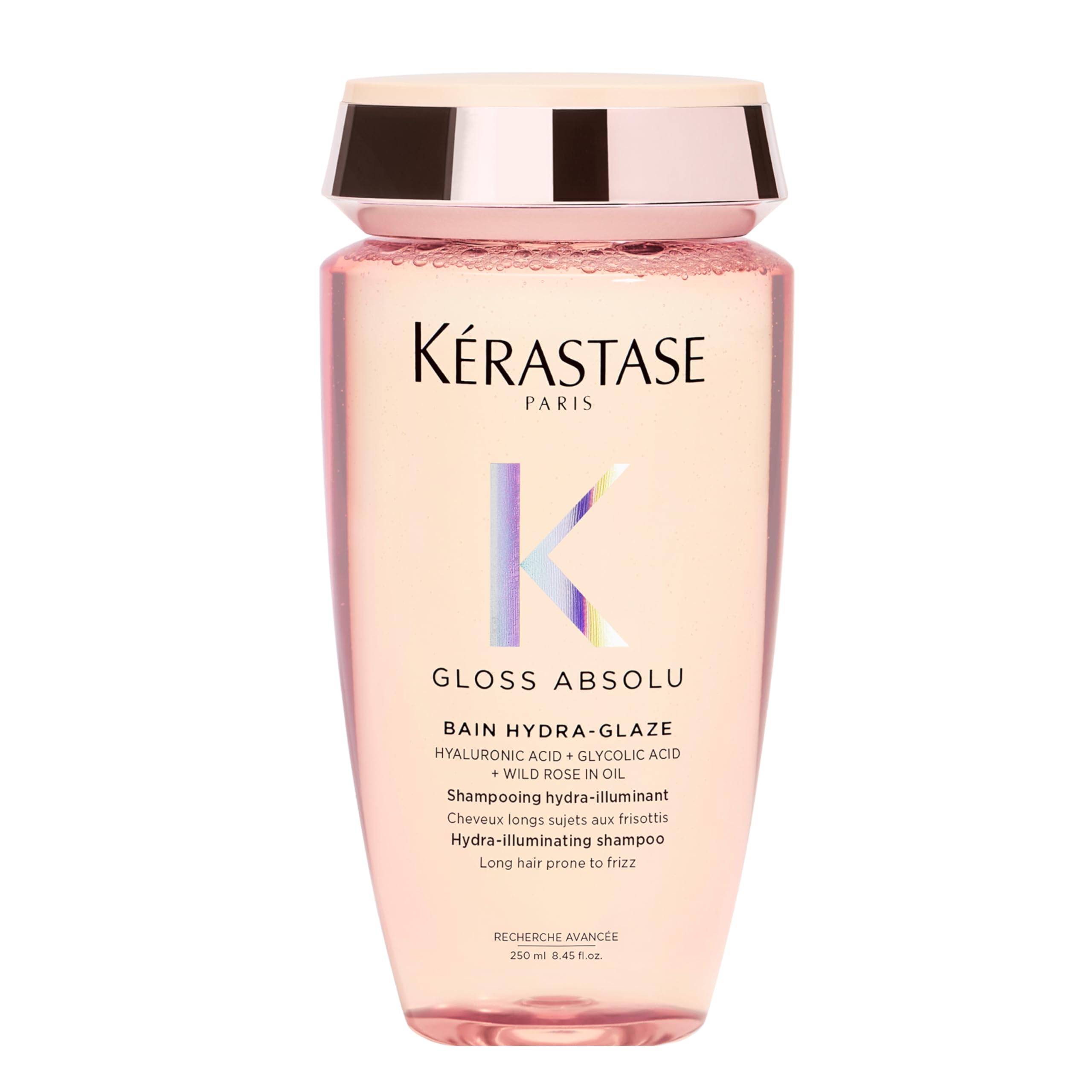 Kérastase Gloss Absolu shampoo bottle highlighting radiant shine for frizz-prone hair