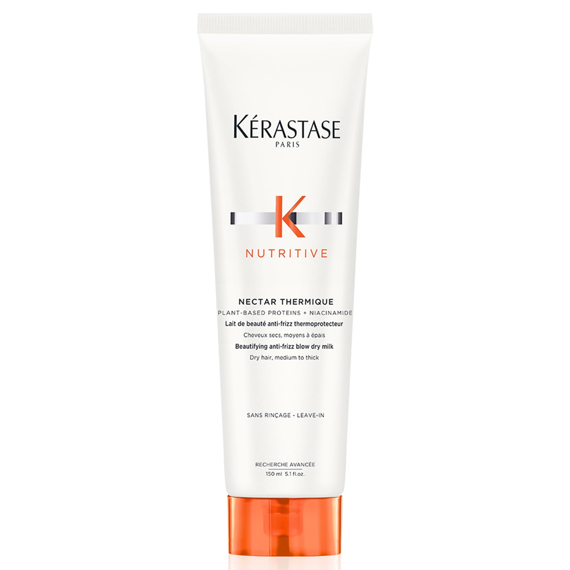 Kérastase Nectar Thermique bottle shown with heat protection benefits highlighted for frizz control