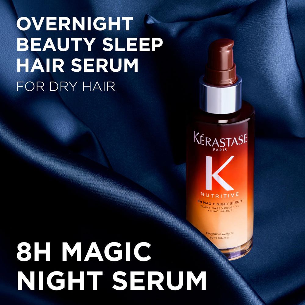 Kerastase Nutritive 8H Magic Night Serum bottle and cap detail is shown.