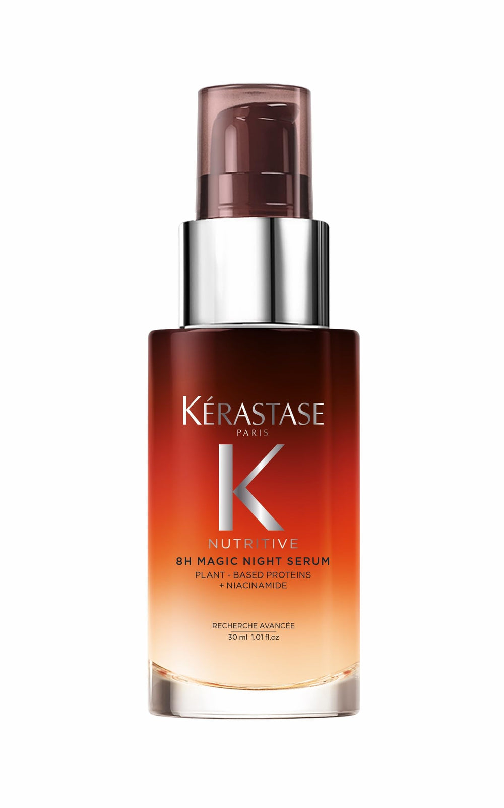 Kerastase Nutritive 8H Magic Night Serum bottle closeup shows rich overnight nourishment.