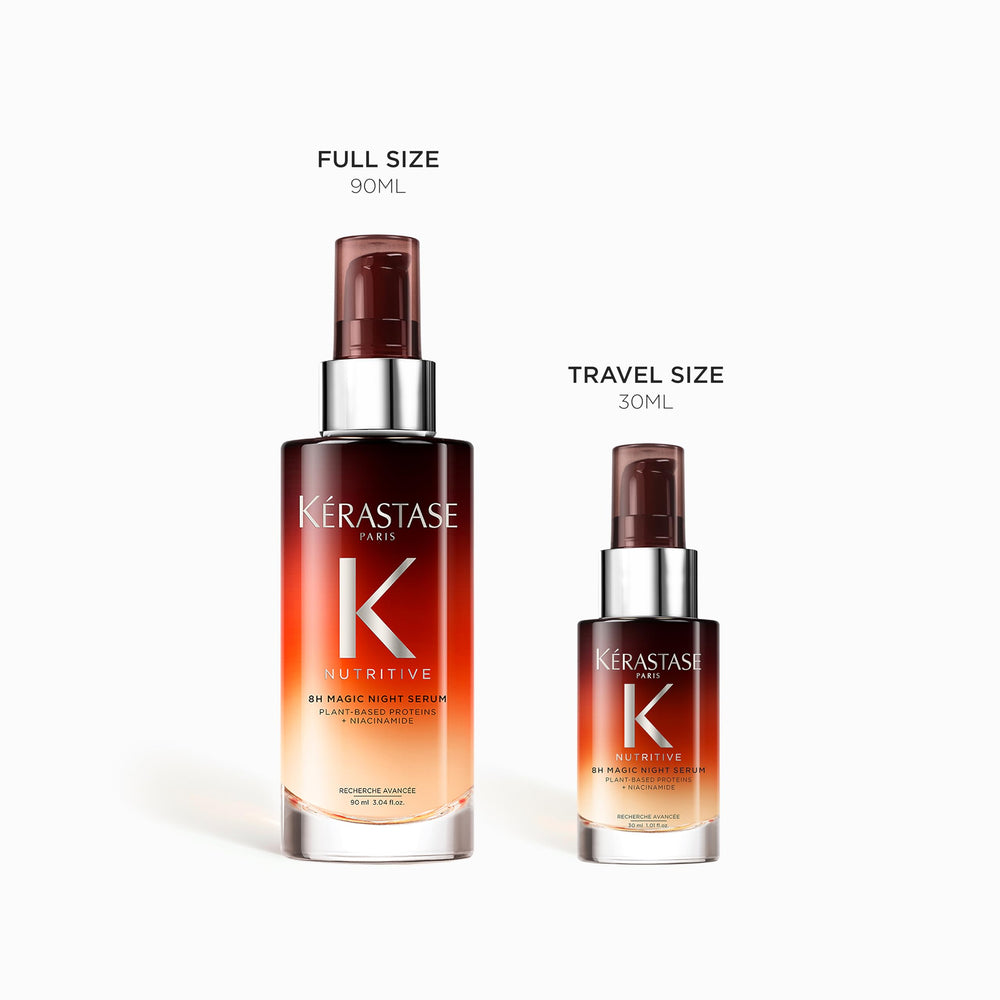 Kerastase Nutritive 8H Magic Night Serum travel-size packaging is showcased.