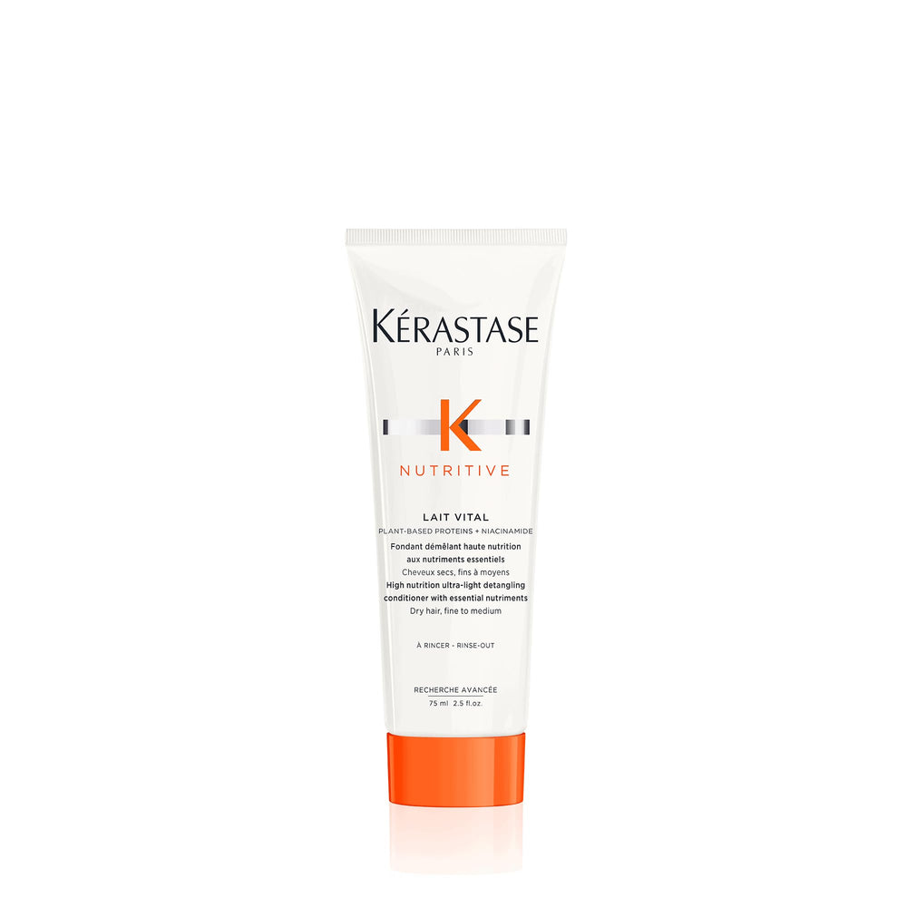 The Kerastase Nutritive Lait Vital bottle showcases travel-sized hydration and detangling benefits.