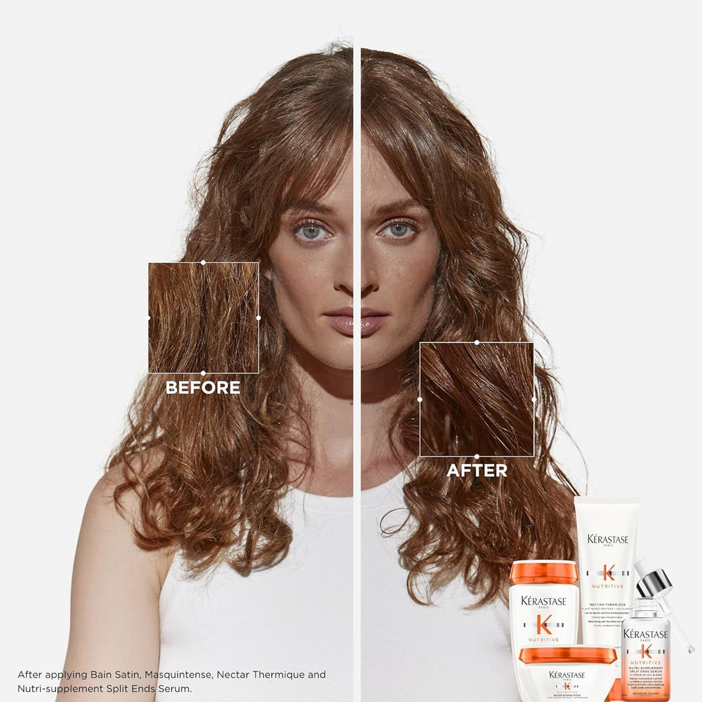 Kérastase Nutritive serum application on ends shows smoothing effect.