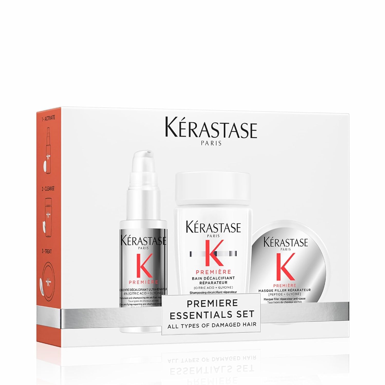 Kerastase Premiere Discovery pre-shampoo bottle demonstrates dual-action repair for damaged hair.