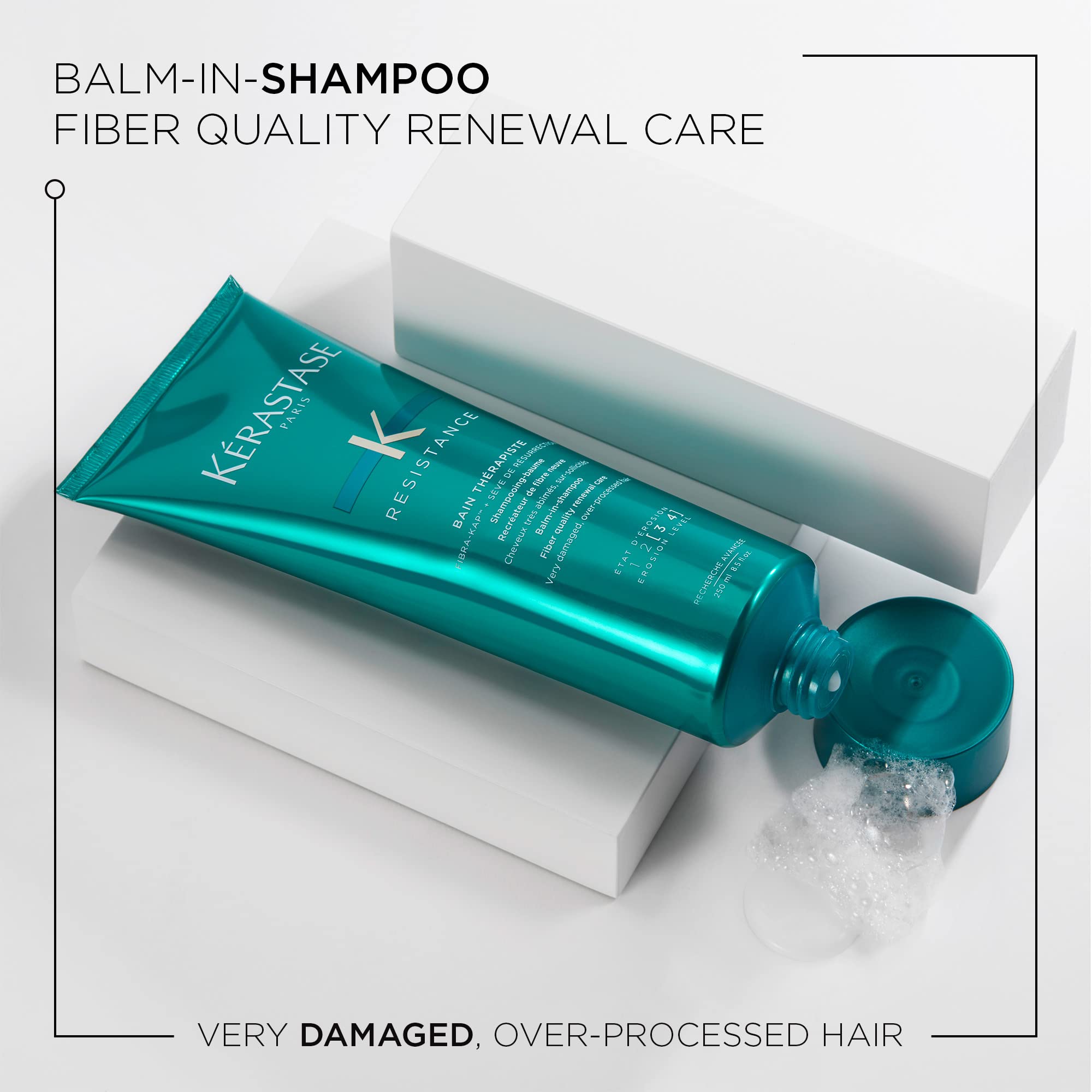 Kerastase Resistance Bain Therapiste lather on hair, gentle cleansing and fiber sealing.