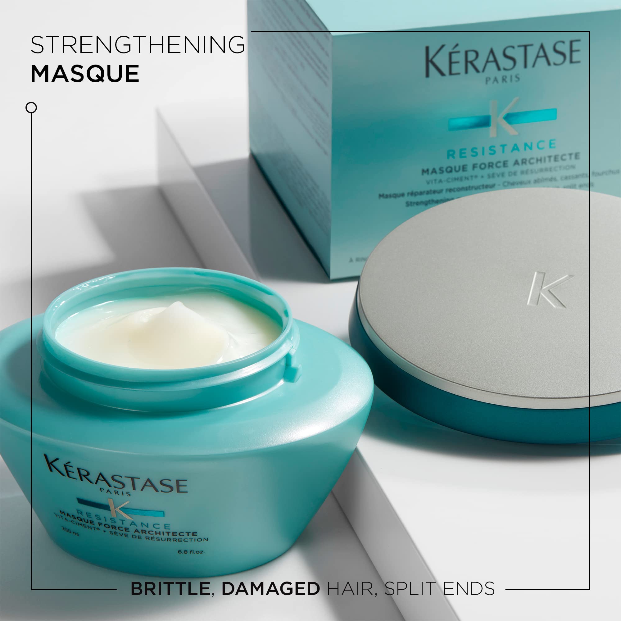 Close-up of Masque Force Architecte jar highlighting rich conditioning cream.