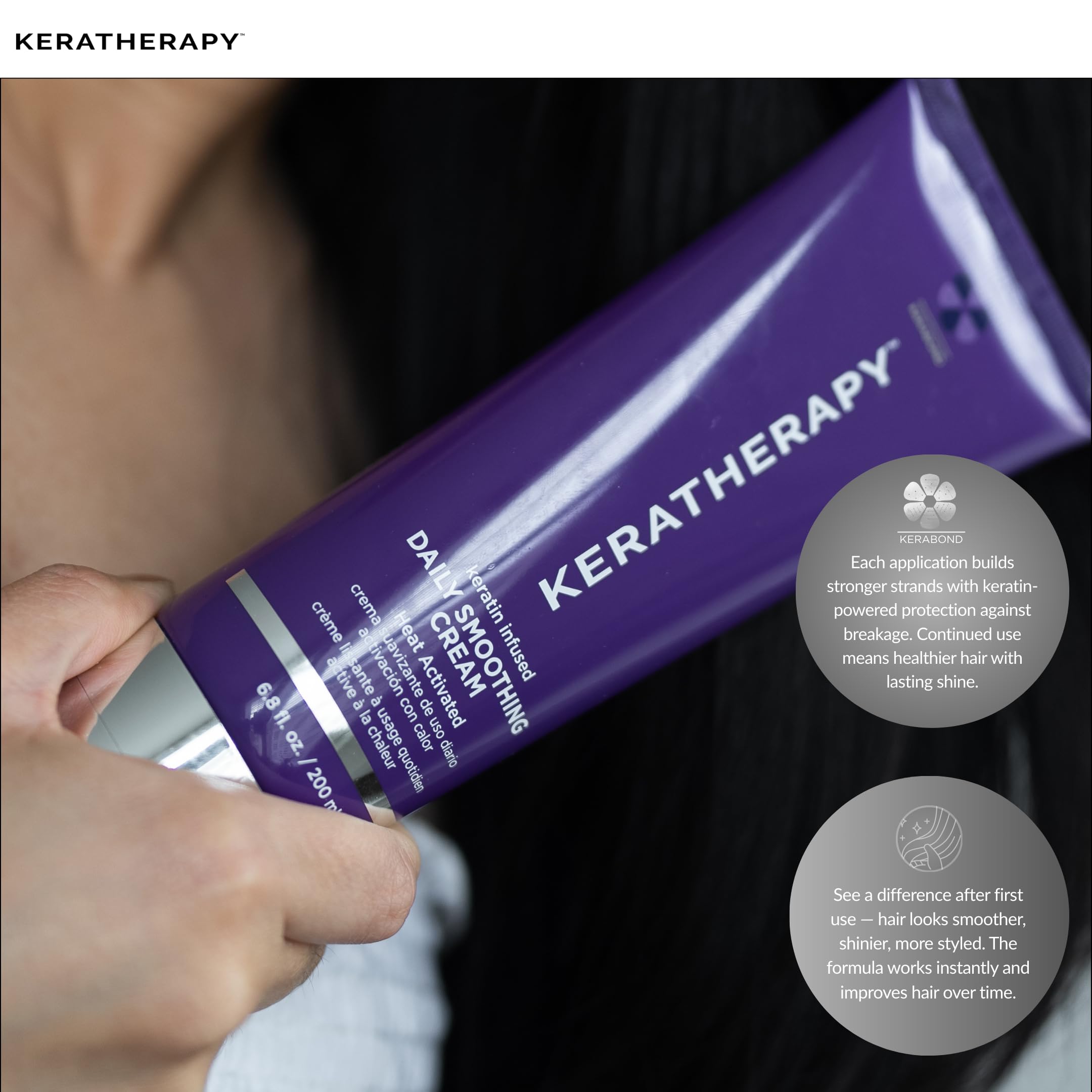 A brush glides through hair after Keratherapy Daily Smoothing Cream for effortless styling.