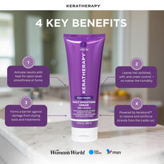 Applying Keratherapy Daily Smoothing Cream to damp hair for smoother, longer-lasting blowouts.