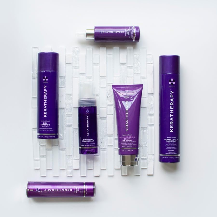 Before and after with Keratherapy Daily Smoothing Cream showing frizz reduction without weighing down.