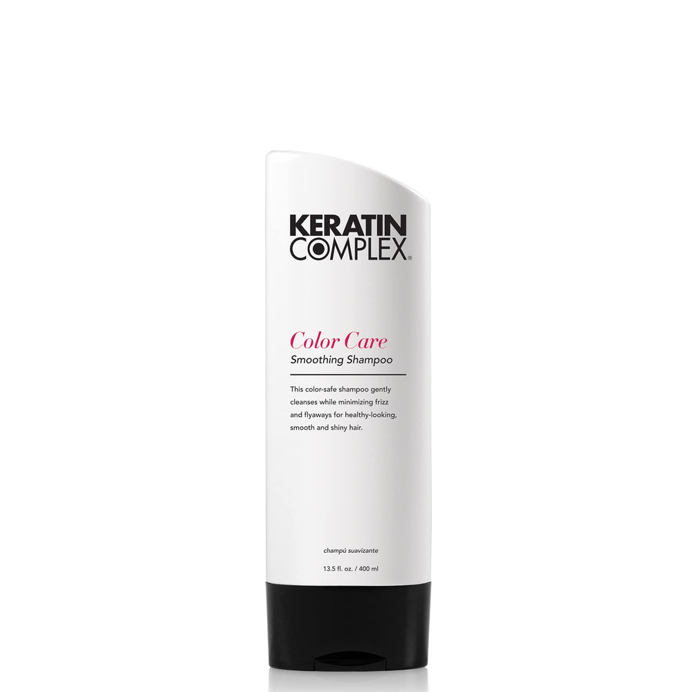 Keratin Complex Color Care Smoothing Shampoo bottle pour for smooth, frizz-free color-treated hair.