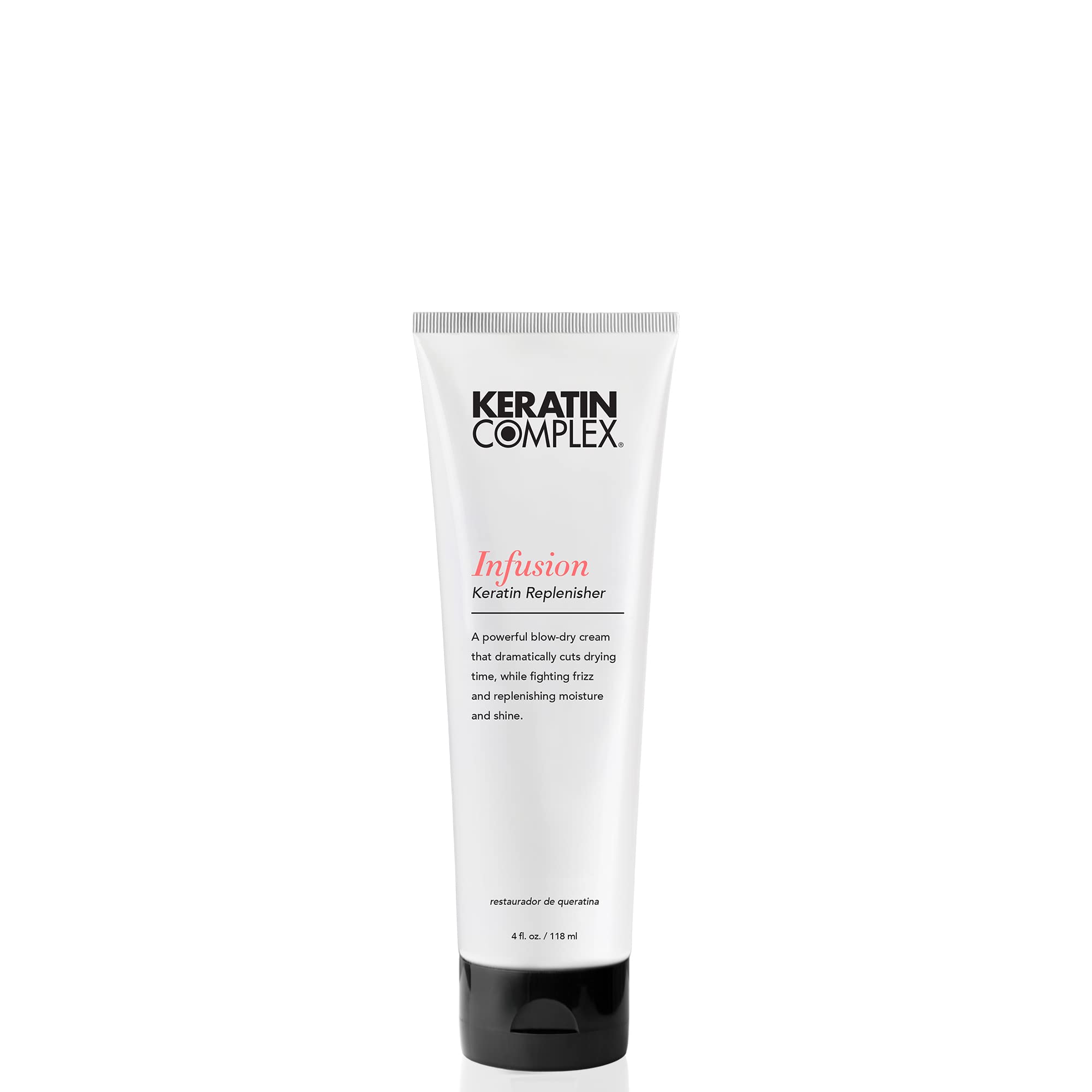 Keratin Complex Infusion Replenisher bottle front with sleek packaging and frizz-control promise