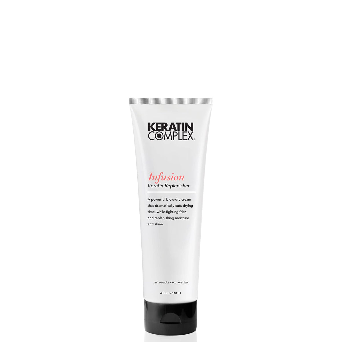 Keratin Complex Infusion Replenisher bottle front with sleek packaging and frizz-control promise