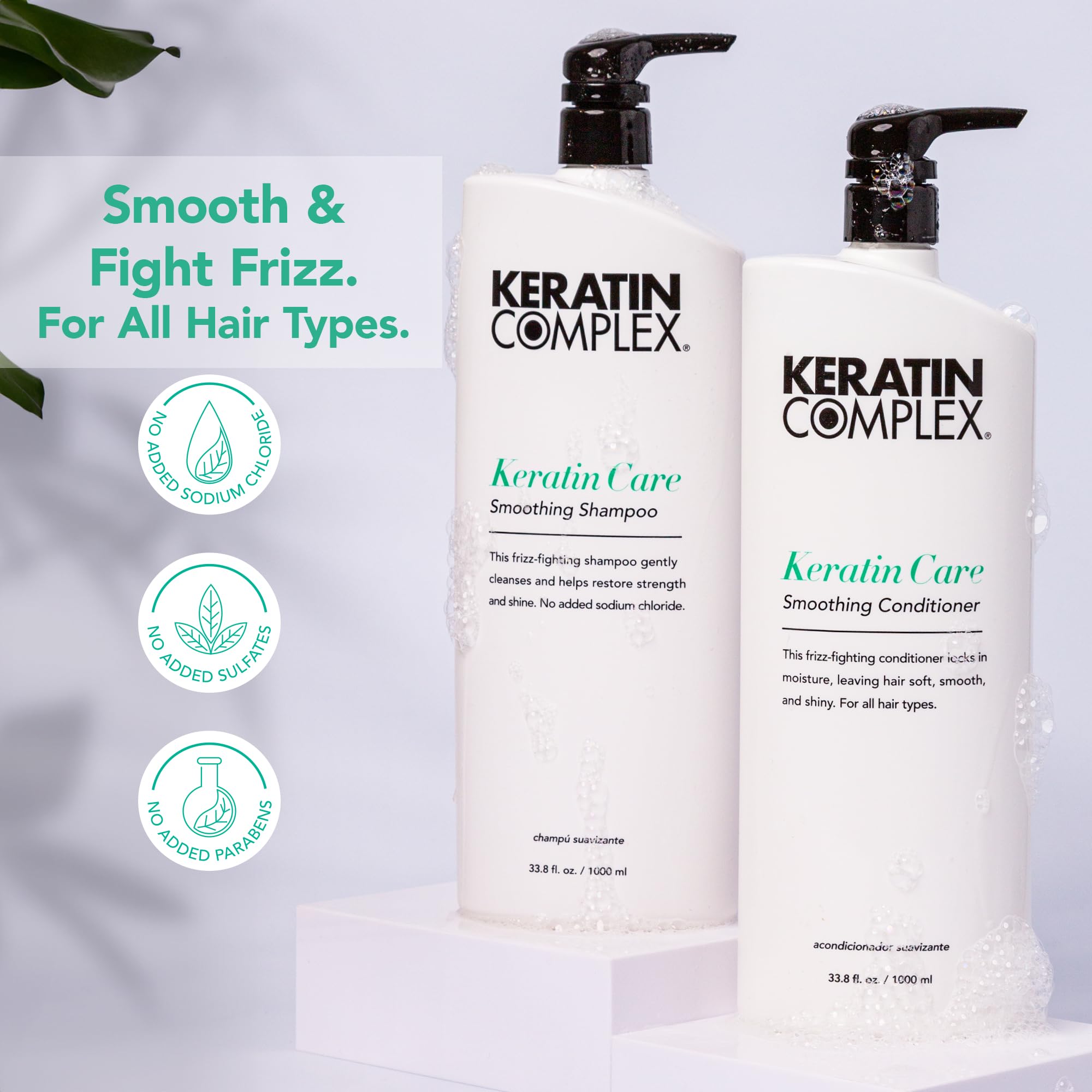 Keratin Complex Keratin Care Shampoo label close-up shows gentle cleansing.