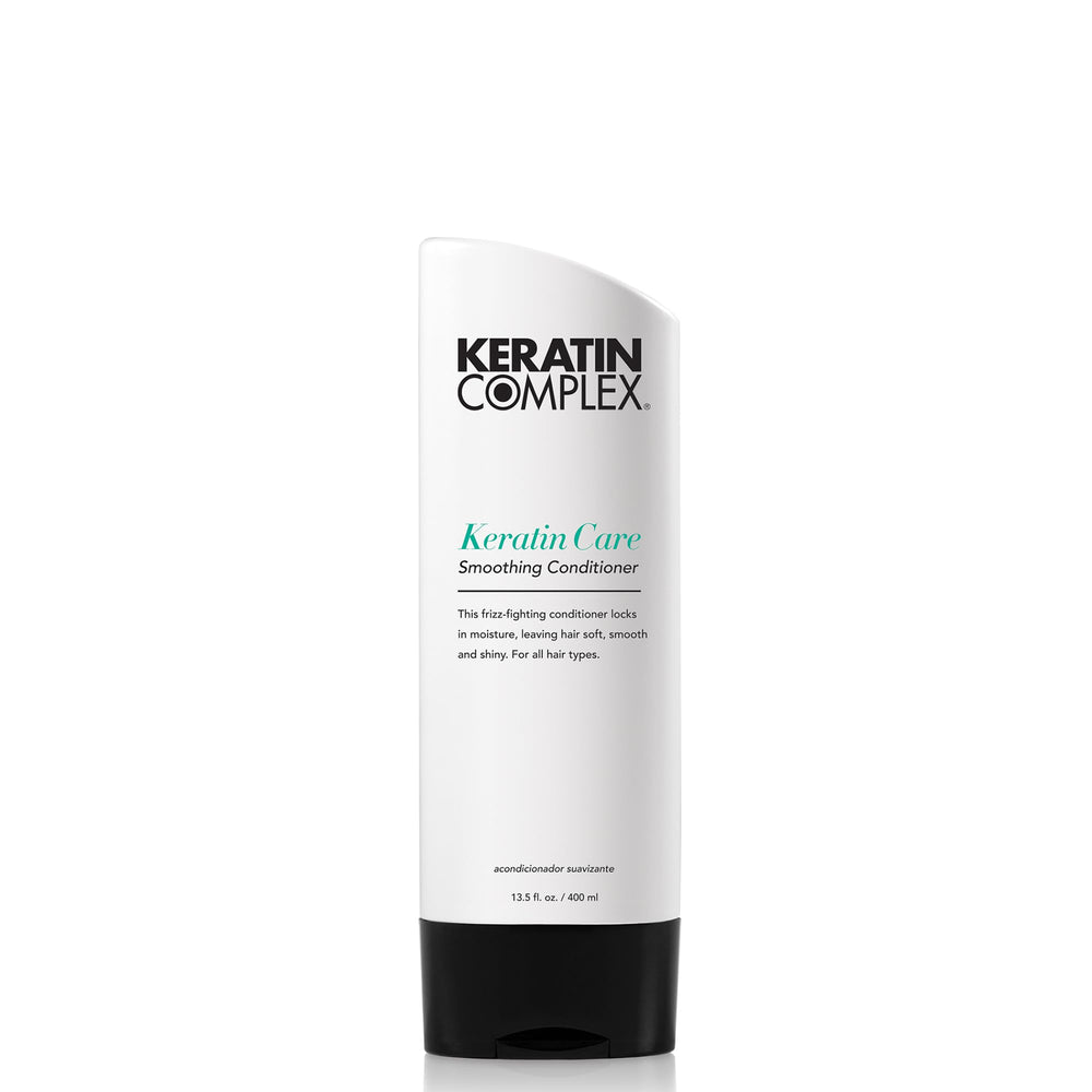Keratin Complex Keratin Care Smoothing Conditioner bottle illustrates frizz-control and shine.