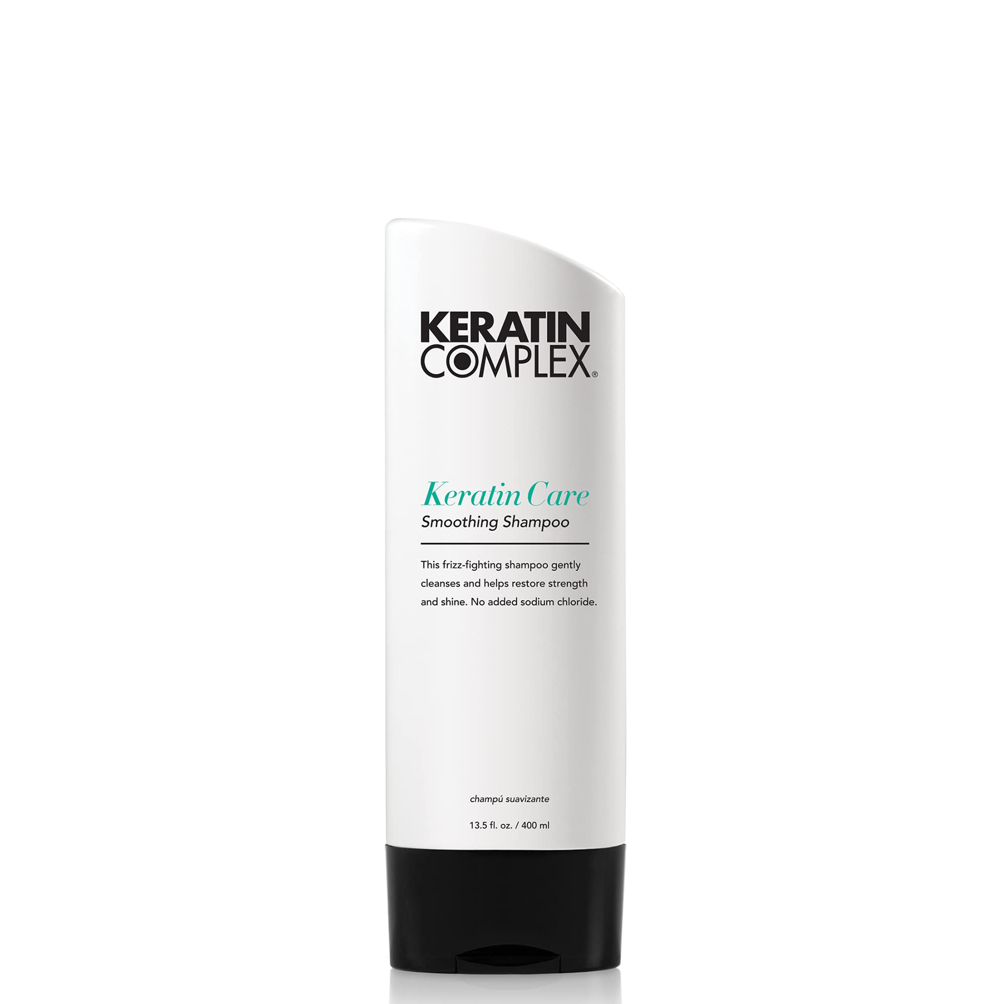 Keratin Complex Keratin Care Smoothing Shampoo bottle showing frizz control and shine