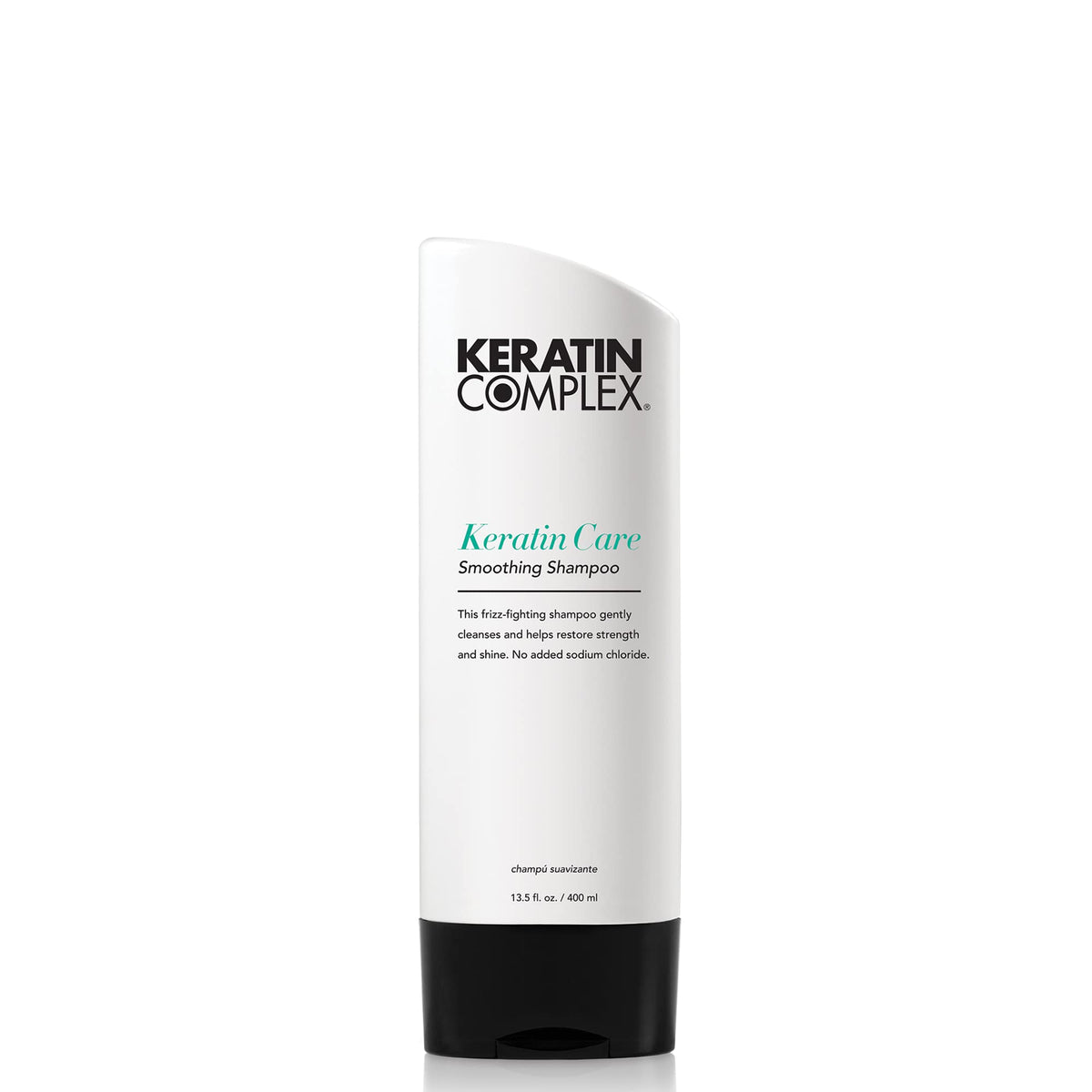 Keratin Complex Keratin Care Smoothing Shampoo bottle showing frizz control and shine