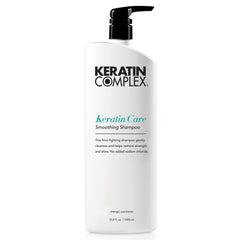 Keratin Complex Keratin Care Smoothing Shampoo bottle showing frizz-control formula for smooth hair