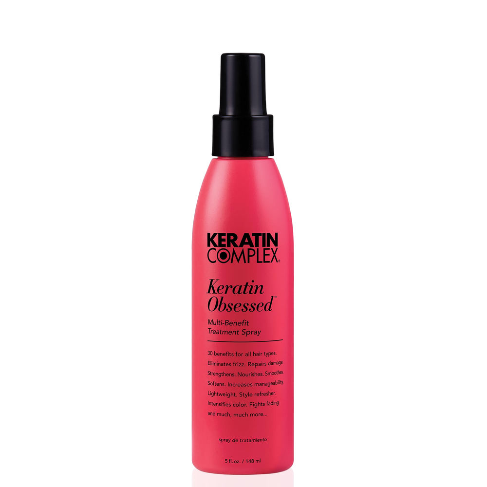 Keratin Complex Keratin Obsessed: vista frontal de la botella, facilita aplicación suave y control del frizz.