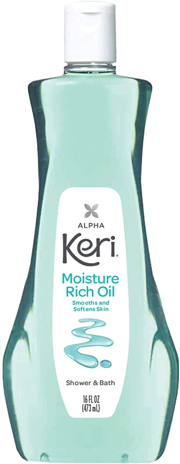 Keri aceite hidratante para ducha en botella frontal, ofrece hidratación continua para la piel.
