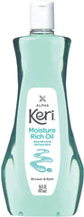 Keri aceite hidratante para ducha en botella frontal, ofrece hidratación continua para la piel.