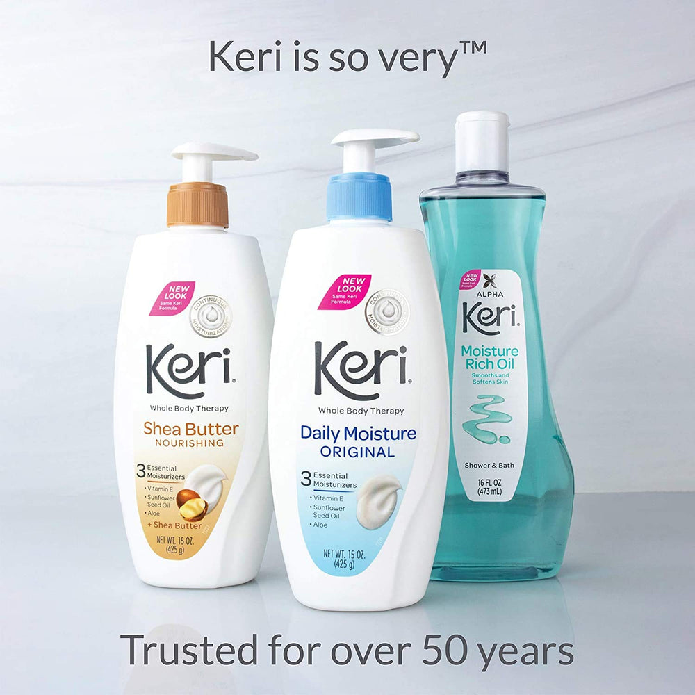 Keri piel hidratada tras la ducha, sensación de conforto duradero.