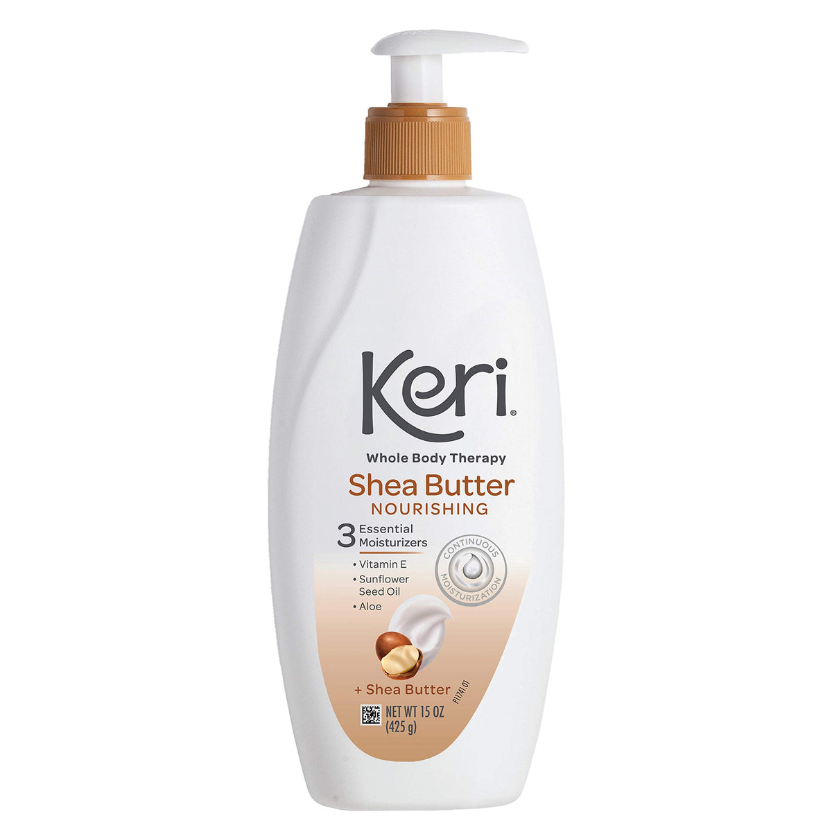 Keri loción original de manteca de karité frente, hidratación prolongada para piel seca.