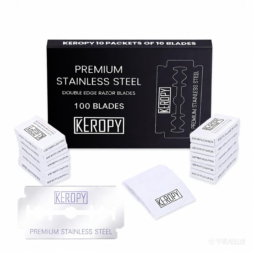 Keropy 100 safety razor blades in box front, premium sharpness for a clean shave.