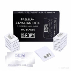Keropy 100 safety razor blades in box front, premium sharpness for a clean shave.