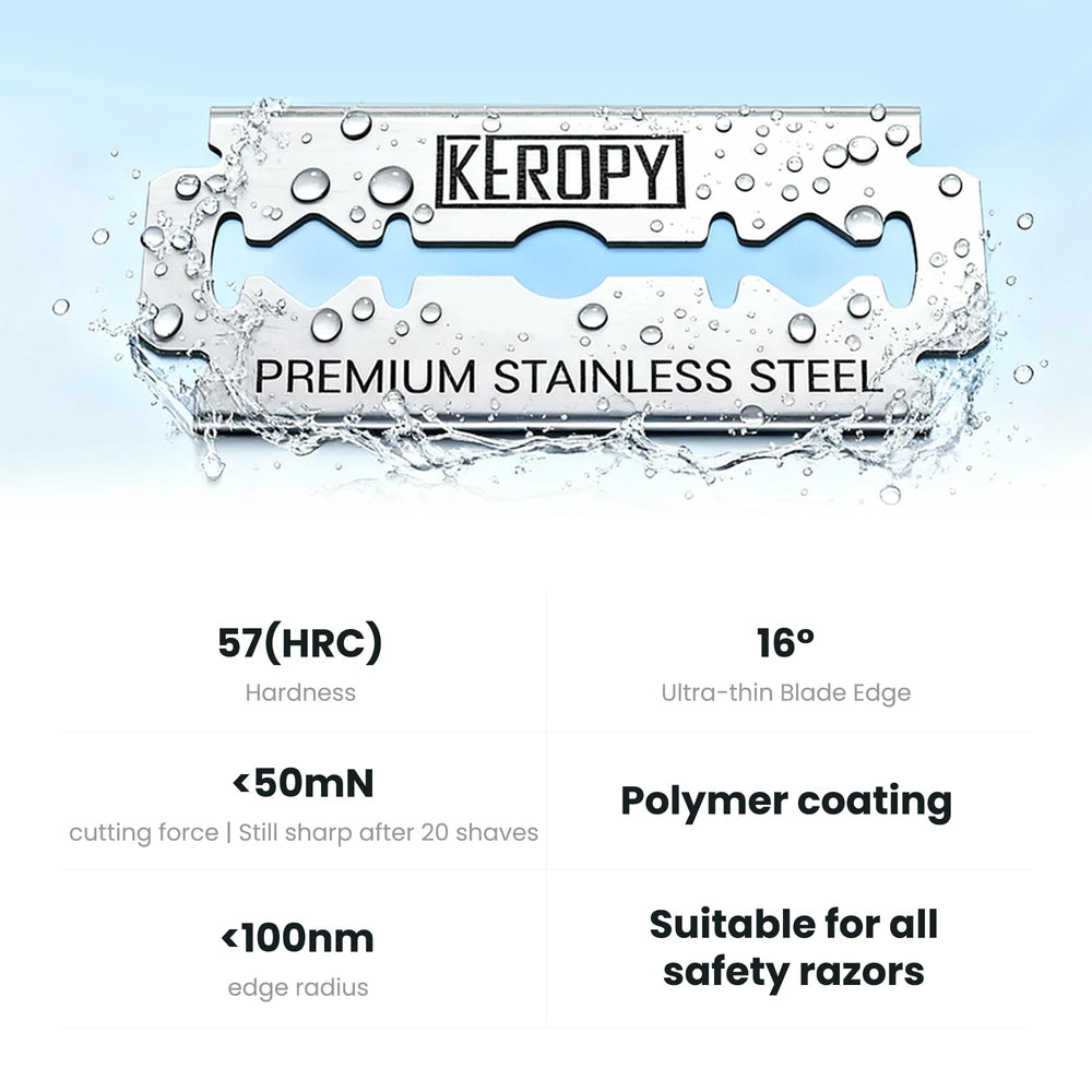 Keropy 100 safety razor blades edge close-up, feather-like precision for smoother passes.