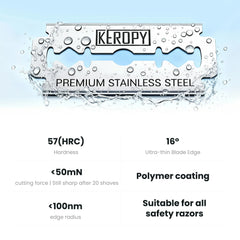 Keropy 100 safety razor blades edge close-up, feather-like precision for smoother passes.