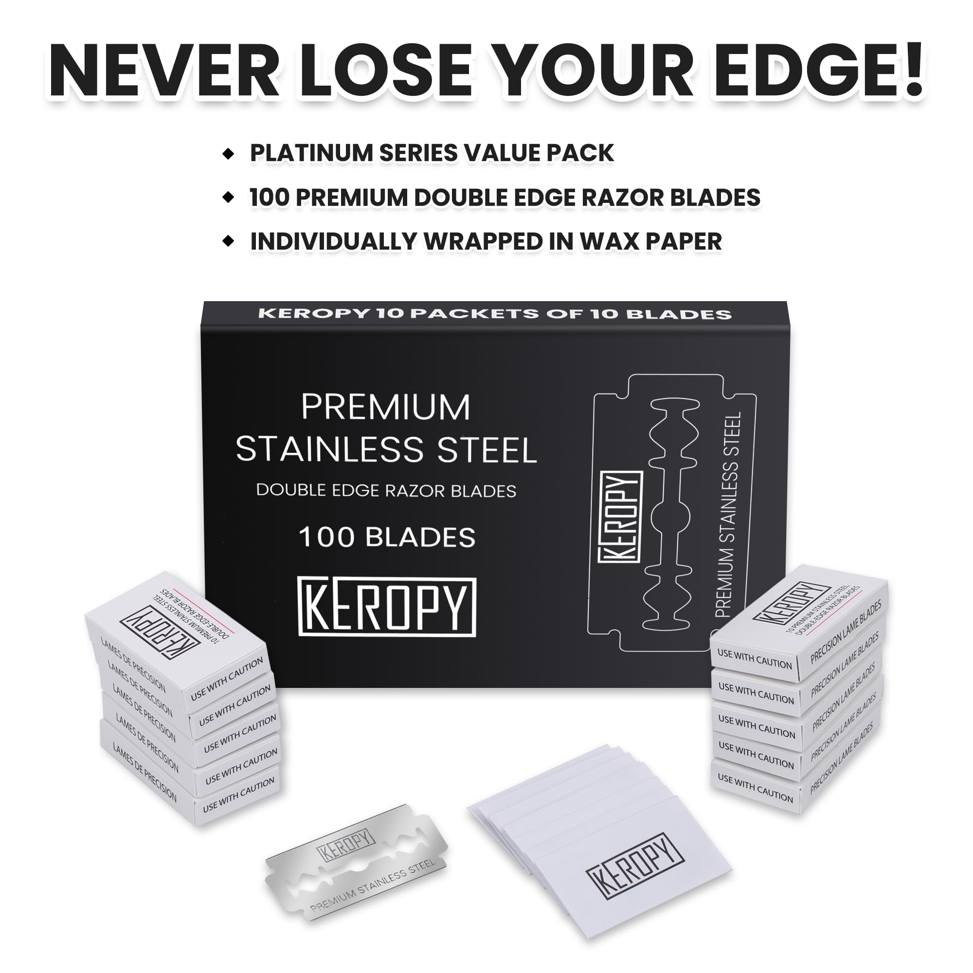Keropy 100 blades travel-ready packaging, ideal for Dopp kit storage.
