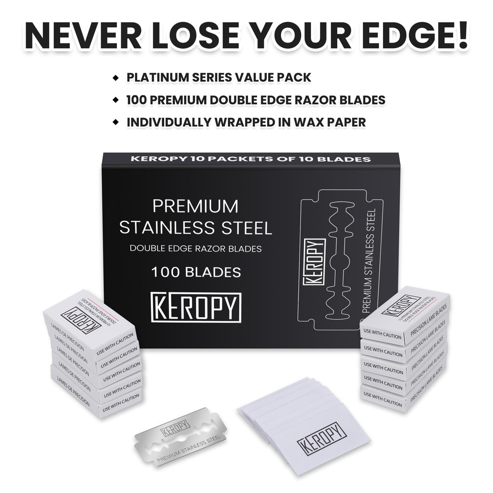 Keropy 100 blades travel-ready packaging, ideal for Dopp kit storage.