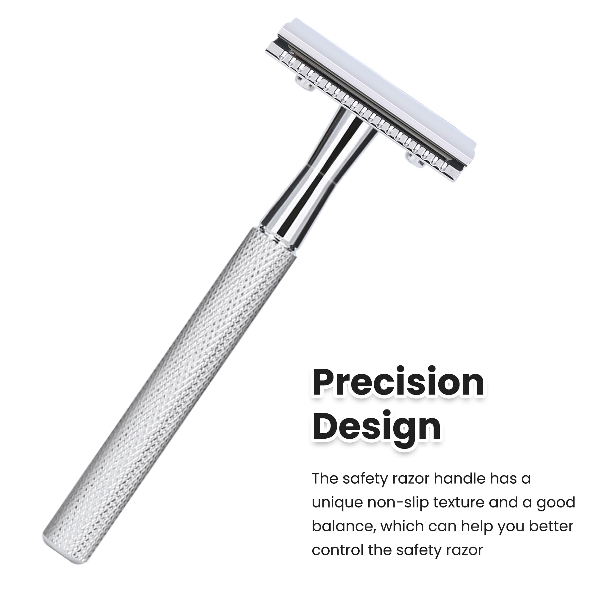 Keropy safety razor with glossy silver finish seen from the side.
