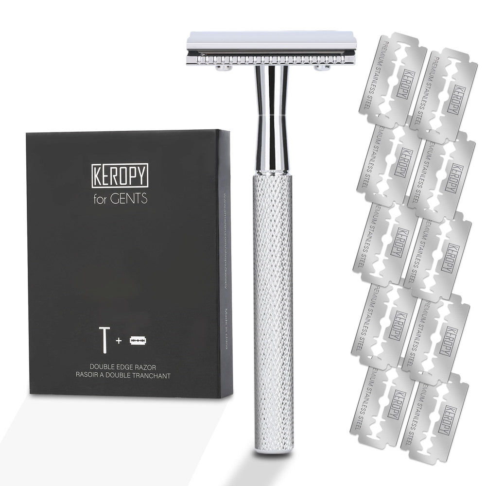 Keropy single blade safety razor handle with a glossy silver finish for a smooth shave.