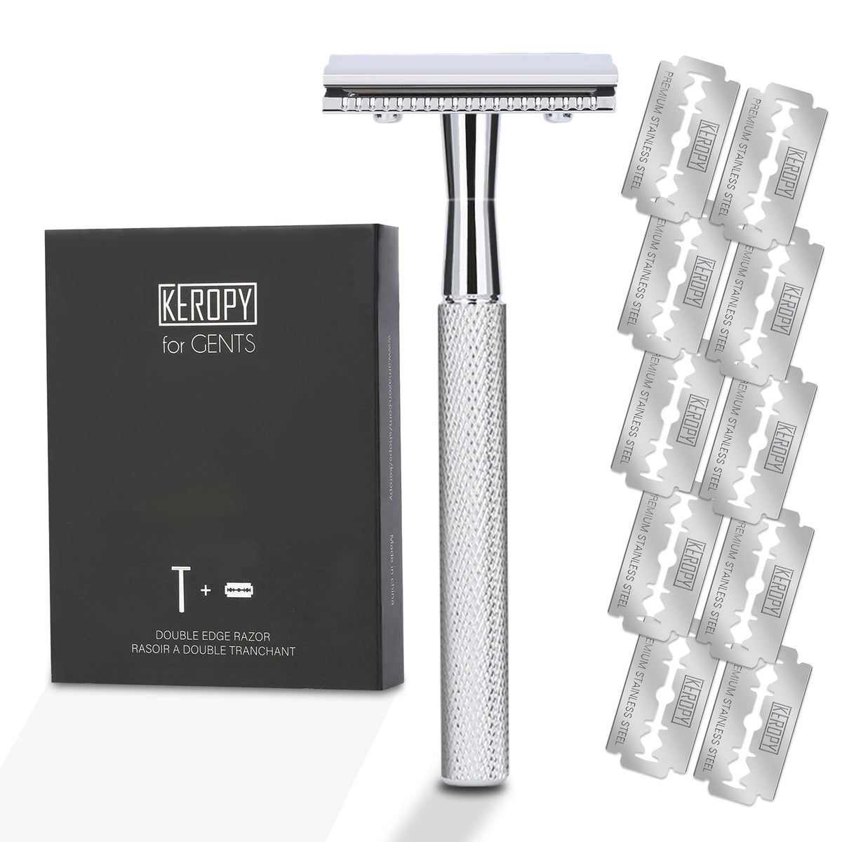Keropy single blade safety razor handle with a glossy silver finish for a smooth shave.