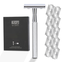 Keropy single blade safety razor handle with a glossy silver finish for a smooth shave.