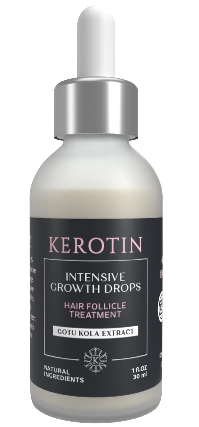 Kerotin Hair Growth Serum bottle signaling healthier, fuller hair for the scalp