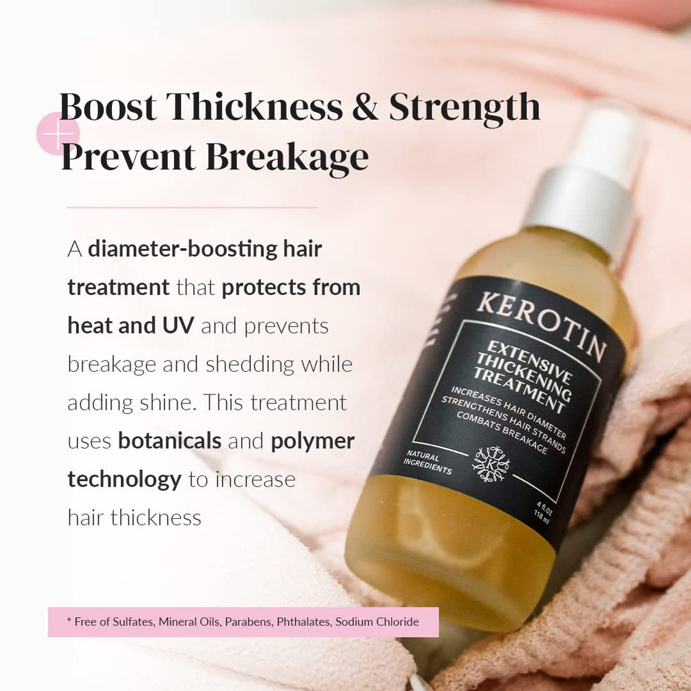 Kerotin Hair Thickening Spray application shot showing root-to-ends coverage.