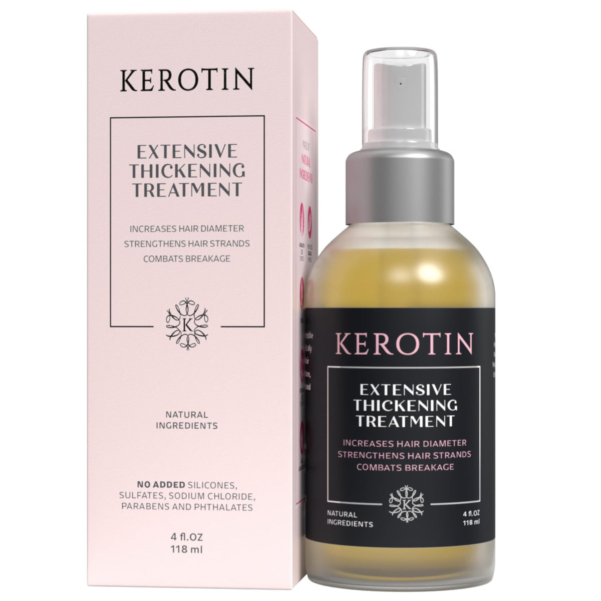 Kerotin Hair Thickening Spray bottle shown for added volume in fine hair.