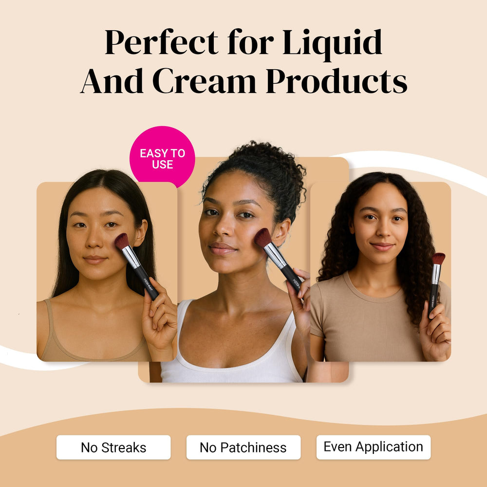 KESHIMA brush enables buildable color control across liquid, cream, and powder formulas.