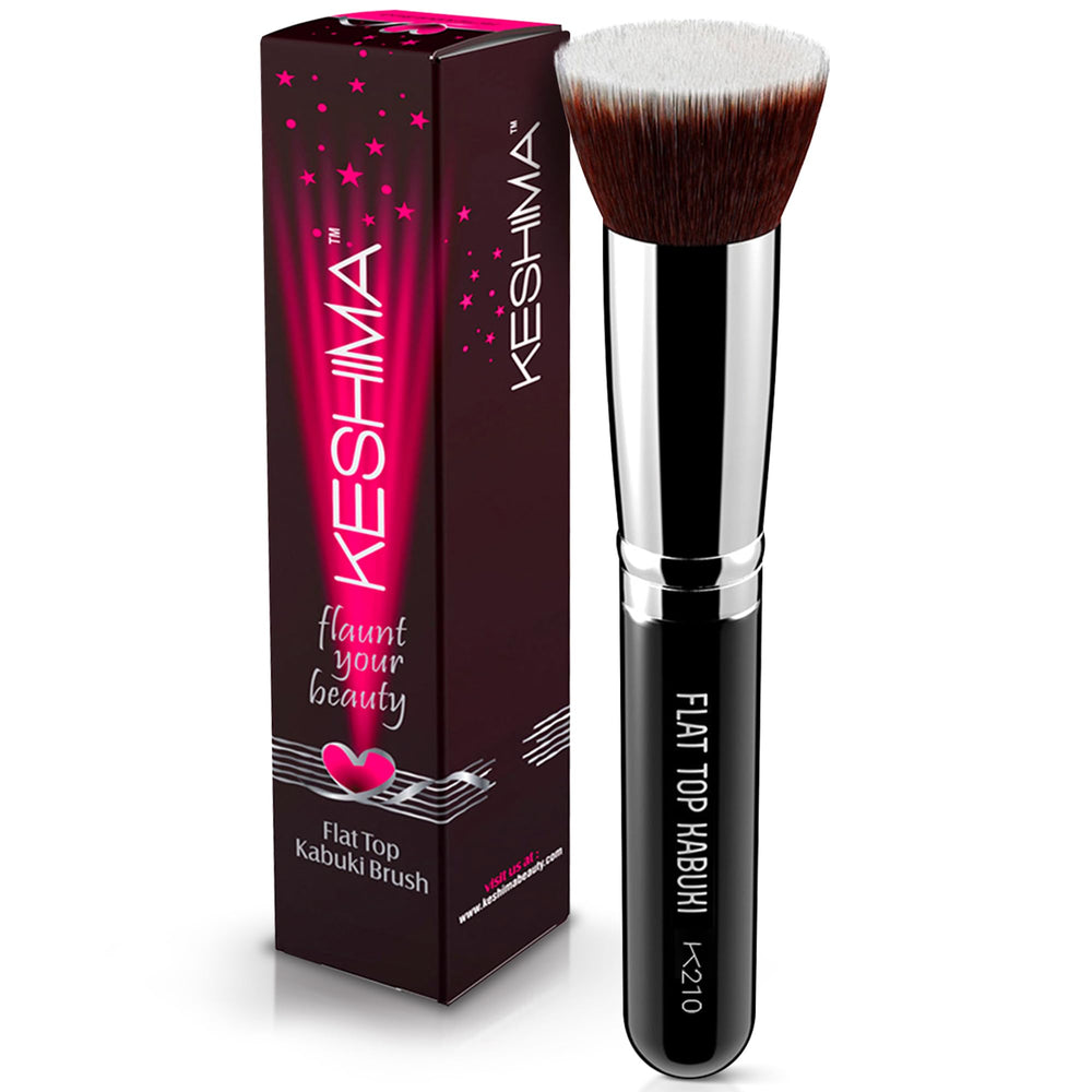 KESHIMA flat-top Kabuki brush closeup; soft synthetic bristles for smooth foundation.
