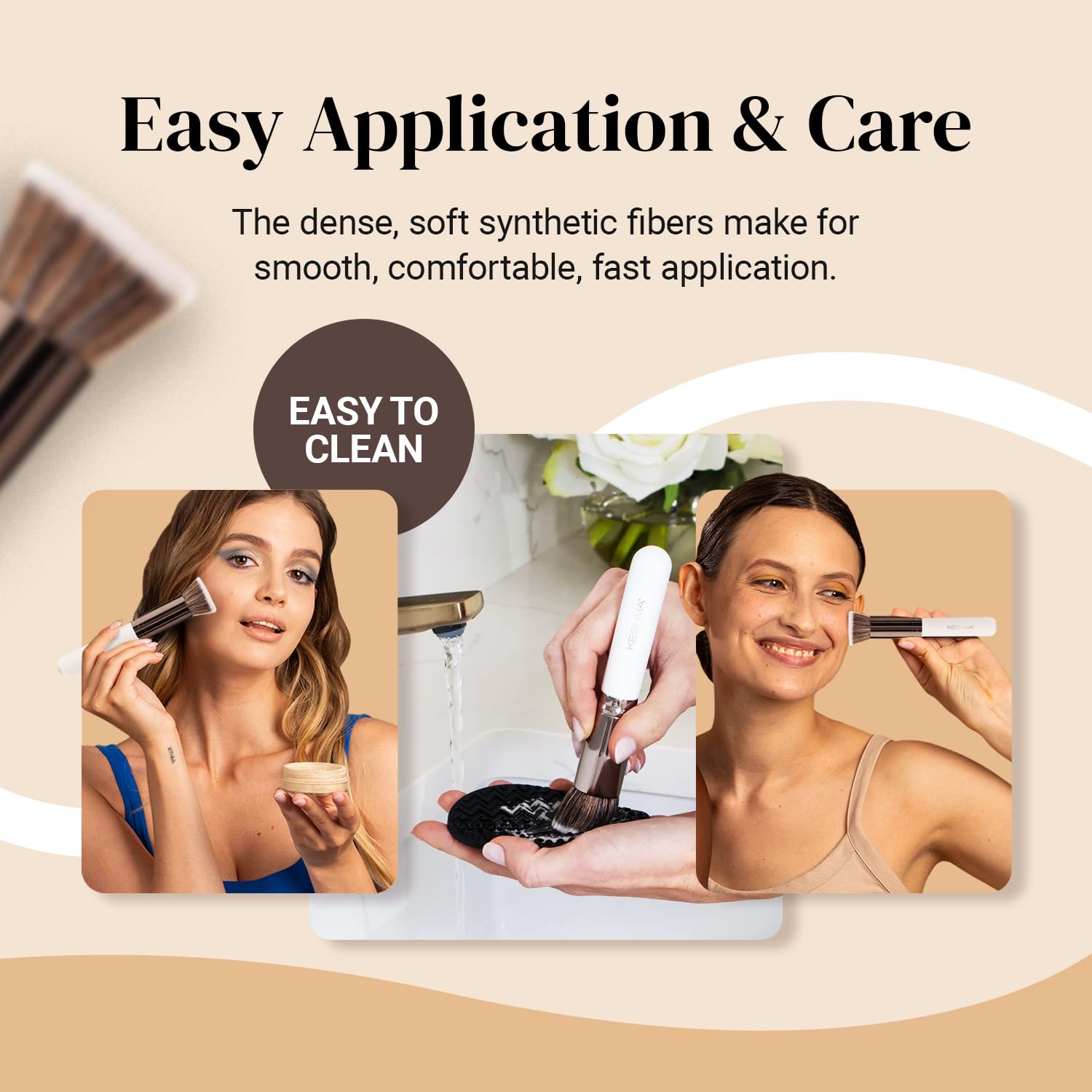 KESHIMA kabuki brush dense fibers blend liquid, cream, powder.