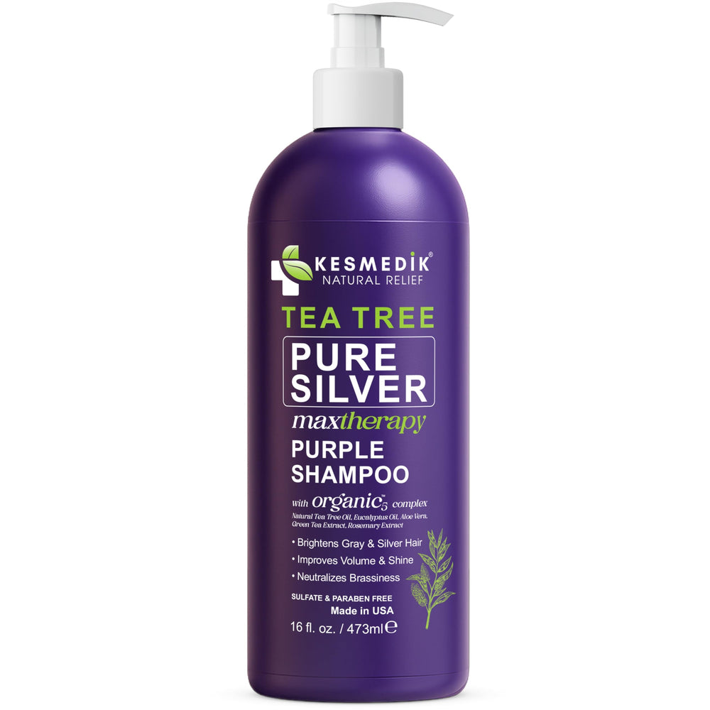 KESMEDIK Shampoo Púrpura de Árbol de Té: envase hecho en EE. UU. para uso profesional.