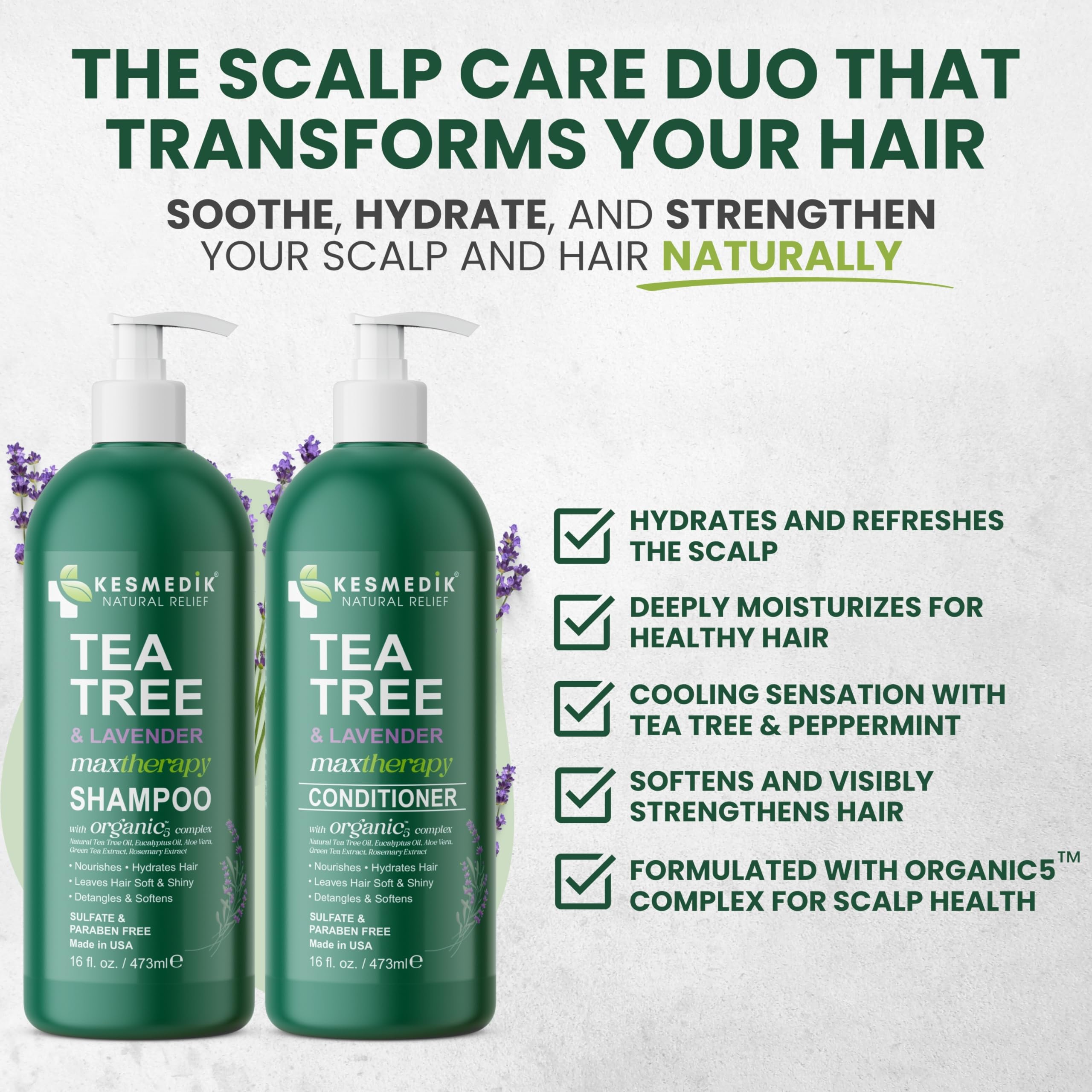 KESMEDIK Tea Tree Lavender Conditioner bottle promotes hydration and smoother hair.