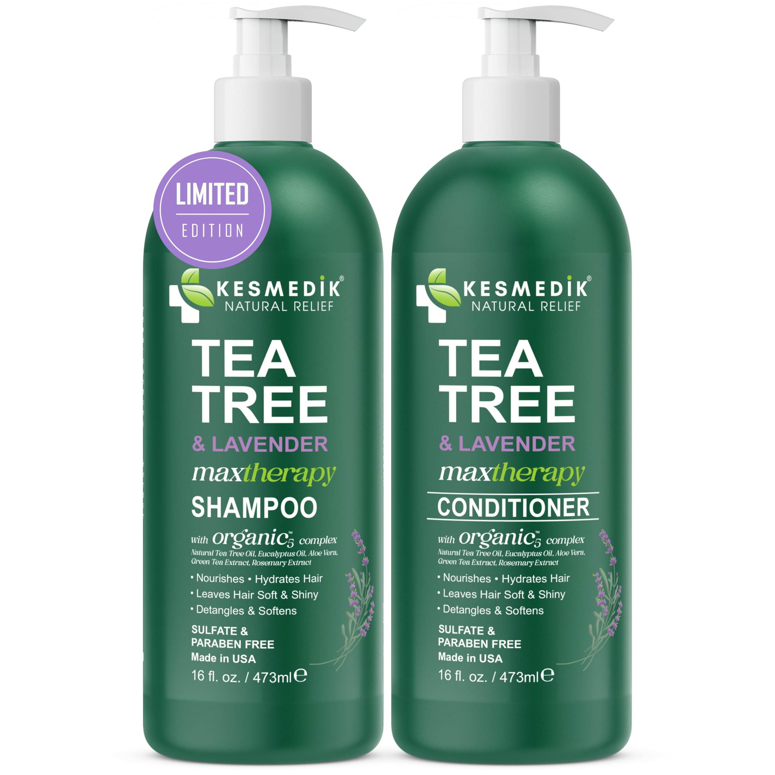 KESMEDIK Tea Tree Lavender Haircare set on shelf evokes spa-like routine.